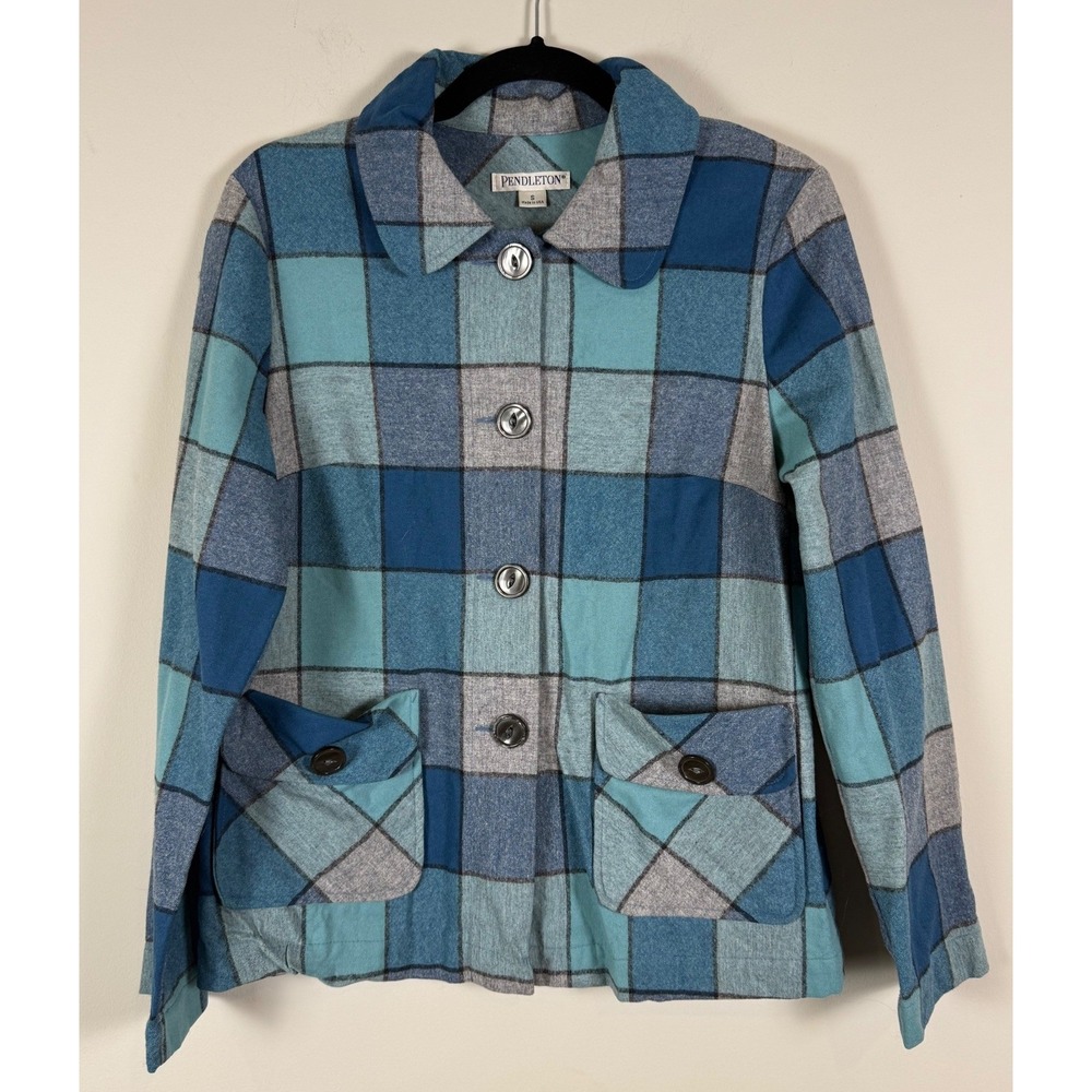 Pendleton Womens Blue Plaid Virgin Wool Button Front Jacket Coat Size S USA Made